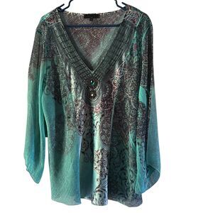 Bleu Woman Embellished Sheer Top Blouse Teal Green Paisley Lurex Size 2X